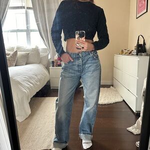 Moussy Blue Boyfriend Jeans with Relaxed Fit and Cuffed Hem